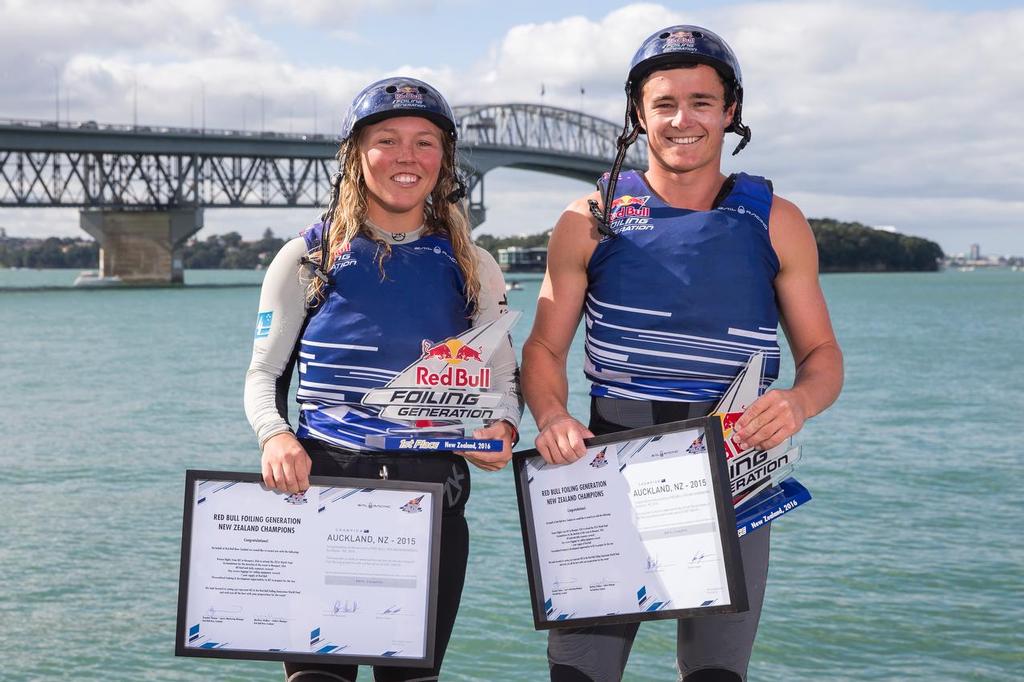 Micah Wilkinson and Olivia Mackay win the Red Bull Foiling Generation on the Waitemata Harbour in Auckland, New Zealand on March 6, 2016  © Red Bull Content Pool